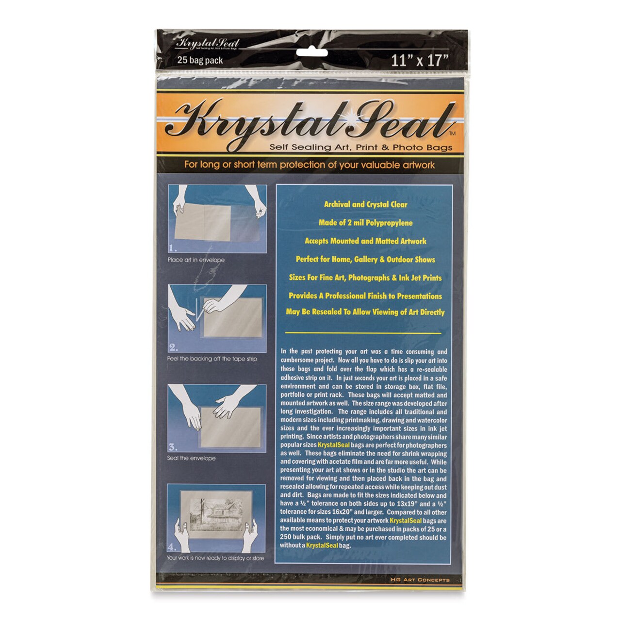 Krystal Seal Self-Sealing Art, Print, and Photo Bag Pack - 11" x 17", Pkg of 25